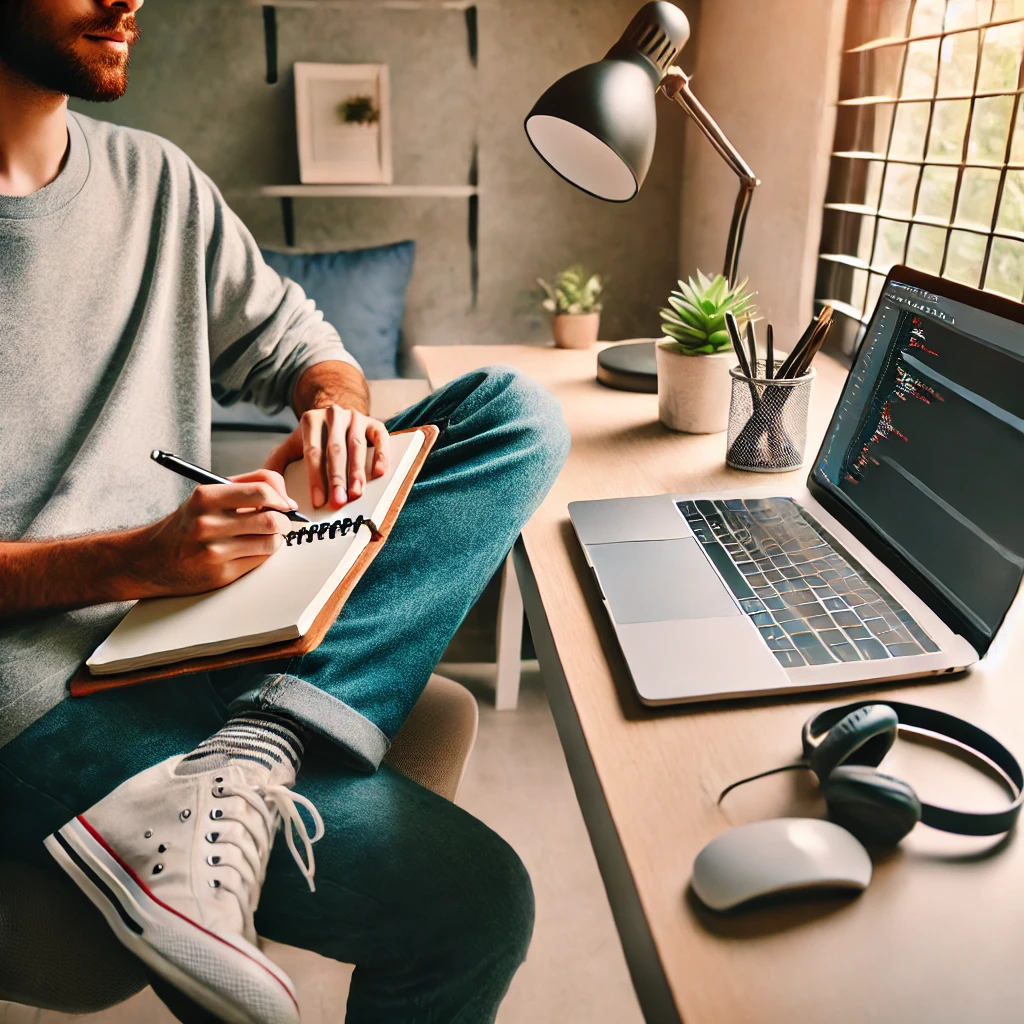 A creative programmer sitting at a clean desk in a cozy office with a plant on the side, holding a notebook and pen while brainstorming ideas.